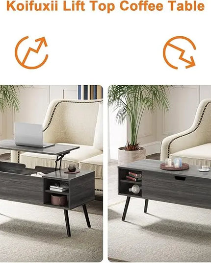 Lift Top Coffee Table with Storage - Grey Coffee Table with Lifting Top - Dark Gray Coffee Table Wood - Rectangle Coffee Tables That Lifts up for Living Room - LeafyLoom