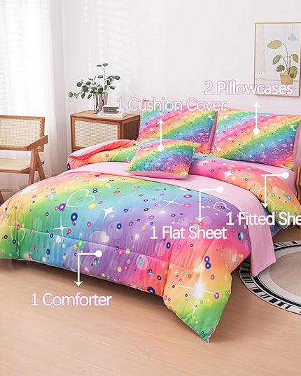 Full Size Comforter Sets for Girls, Kids Bedding Sets for Girls, Rainbow Comforter Full, 6 Pcs Bed in a Bag Girls (1Comforter, 1Flat Sheet, 1Fitted Sheet, 1 Pillow Cover, 2Pillowcases) - LeafyLoom