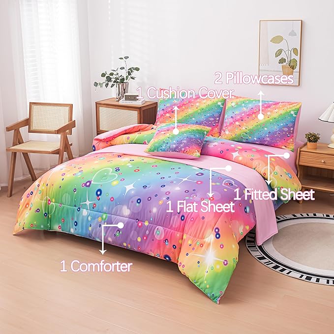 Twin Comforter set for Girls, Tie Dye Rainbow Comforter Twin, 6 Pcs Girls Bed in a Bag Twin, Kids Comforter Sets for Girls(1Comforter, 1Flat Sheet, 1Fitted Sheet, 1 Pillow Cover, 2Pillowcases) - LeafyLoom