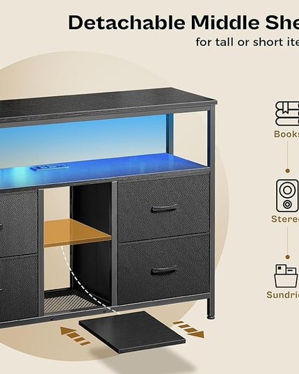 TV Stand Dresser with Power Outlets and LED Lights, 4 Drawers Entertainment Center with Open Shelf, Media Console for 50 43 Inch TV, Dresser with PU Finish, Black - LeafyLoom