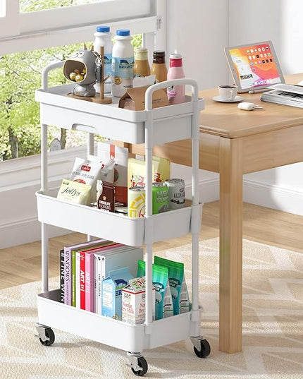 3-Tier Rolling Cart，Trolley with Drawer, Multifunctional Storage Organizer with Plastic Shelf & Metal Wheels, Kitchen Storage Cart for Living Room, Kitchen, Office, Bathroom, White - LeafyLoom