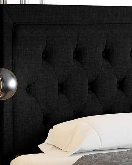 Allewie Queen Size Bed Frame Upholstered Platform Bed with Adjustable Headboard, Button Tufted, Wood Slat Support, Easy Assembly, Black - LeafyLoom