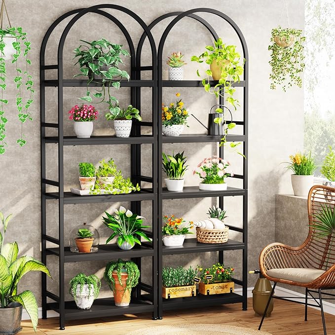 Tribesigns 5-Tier Open Bookshelf Set of 2, 74.4" Wood Bookcase Storage Shelves with Metal Frame, Freestanding Display Rack Tall Shelving Unit for Office, Bedroom, Living Room (Black, 2PCS) - LeafyLoom