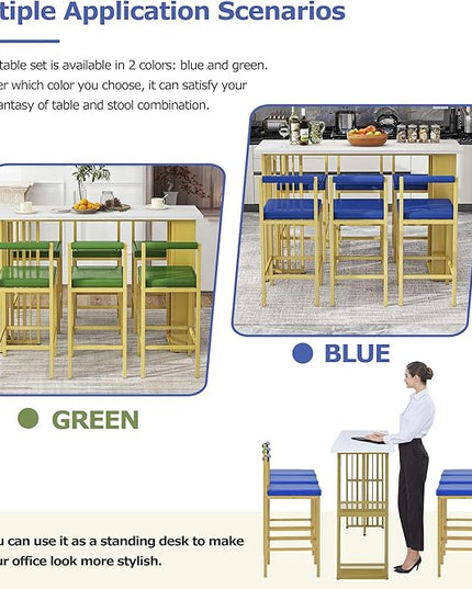 7-Piece Multi-Functional Modern Counter Height Dining Bar Table Set with Open Shelves and 6 Upholstered Stools with Gold Metal Frame for Home Pub Kitchen Room (White+Blue) - LeafyLoom