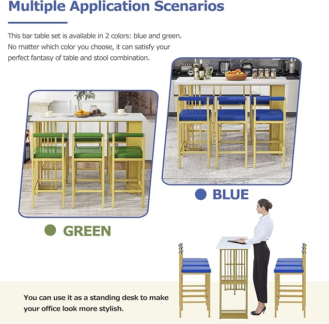 7-Piece Multi-Functional Modern Counter Height Dining Bar Table Set with Open Shelves and 6 Upholstered Stools with Gold Metal Frame for Home Pub Kitchen Room (White+Blue) - LeafyLoom