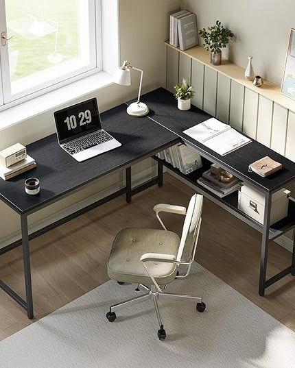 CubiCubi L Shaped Desk, 55.1 inch Corner Computer Desk with Storage Shelves, Home Office Desk with Bookshelf for Writing Gaming Study, Black - LeafyLoom