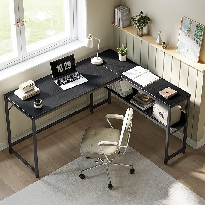 CubiCubi L Shaped Desk, 55.1 inch Corner Computer Desk with Storage Shelves, Home Office Desk with Bookshelf for Writing Gaming Study, Black - LeafyLoom