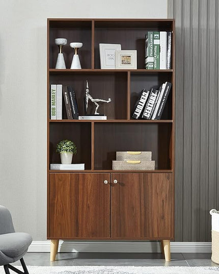 Modern Bookcase with 2 Doors, Wooden Bookshelf Library with 6 Storage Cabinet for Home Office (Walnut) - LeafyLoom