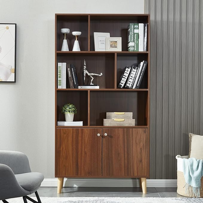 Modern Bookcase with 2 Doors, Wooden Bookshelf Library with 6 Storage Cabinet for Home Office (Walnut) - LeafyLoom