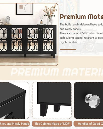 Merax Buffet Cabinet with Adjustable Shelves, 4-Door Mirror Hollow-Carved TV Stand for Television Up to 65 inches, Multi-Functional Console Table with Storage Credenza for Living Room, Black - LeafyLoom