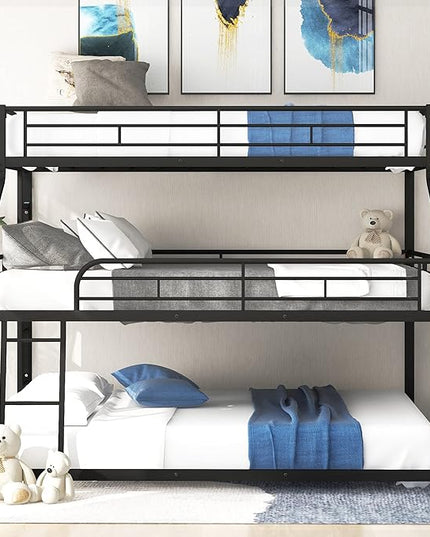 Twin XL/Full XL/Queen Triple Bunk Bed with Long and Short Ladder and Full-Length Guardrails,Metal Bed-Frame for Bedroom/Living Room/Apartment,Guest-Room,Black - LeafyLoom