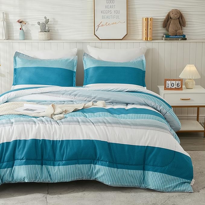 Litanika Teal White Bed Comforter Twin Set, XL Twin Comforter Striped Bedding Comforter Set, 2 Pieces Lightweight Soft All Season Down Alternative Comforter (1 Comforter, 1 Pillowcase) - LeafyLoom