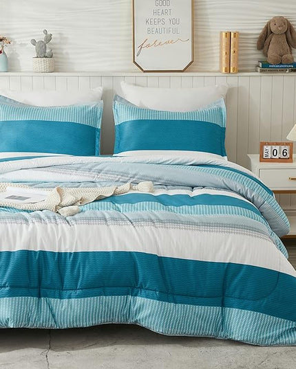 Litanika Queen Comforter Set White Teal - 3 Pieces Lightweight Fluffy Bedding Comforter Sets, All Season Down Alternative Comforter (1 Comforter, 2 Pillowcases) - LeafyLoom