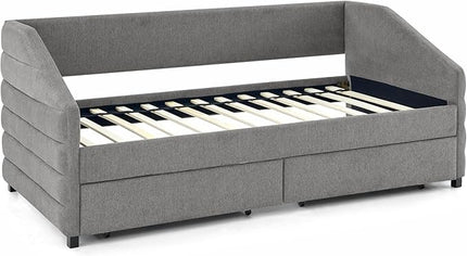 Linen Upholstered Twin Size Daybed with Two Storage Trundle Drawers, Solid Wooden Sofa Bed Frame w/Tufted Decorate, No Box Spring Needed, Space-Saving Design - LeafyLoom