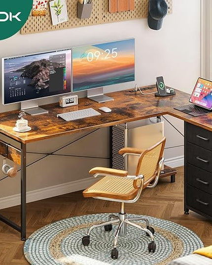 AODK L Shaped Desk with 4 Tier Drawers, 53" Reversible Gaming Desk with Power Outlets, L Shaped Computer Desk with USB Charging Port and Host Stand, Home Office Corner Desk, Easy to Assemble, Vintage - LeafyLoom