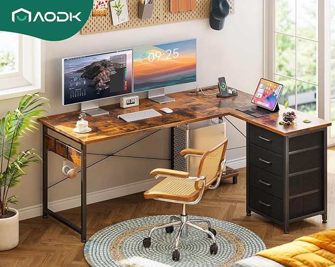 AODK L Shaped Desk with 4 Tier Drawers, 53" Reversible Gaming Desk with Power Outlets, L Shaped Computer Desk with USB Charging Port and Host Stand, Home Office Corner Desk, Easy to Assemble, Vintage - LeafyLoom