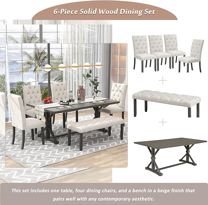 Farmhouse Rectangular 72" Wood, 4 Upholstered Chairs with Bench, Easy to Assemble, for Living, Guest Room, Home Bar and Kitchen, 6 Piece Dining Table Set, Gray 14 - LeafyLoom