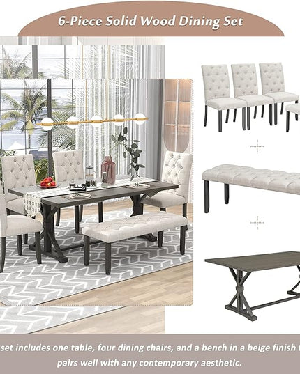 Piece Wood Rectangular Dining Set for 6, includes 1 Table with Cross-Legged Trestle Base, 4 Upholstered High Back Chairs & 1 Bench, Farmhouse Style, Gray, 72" L x 42" W x 30" H - LeafyLoom