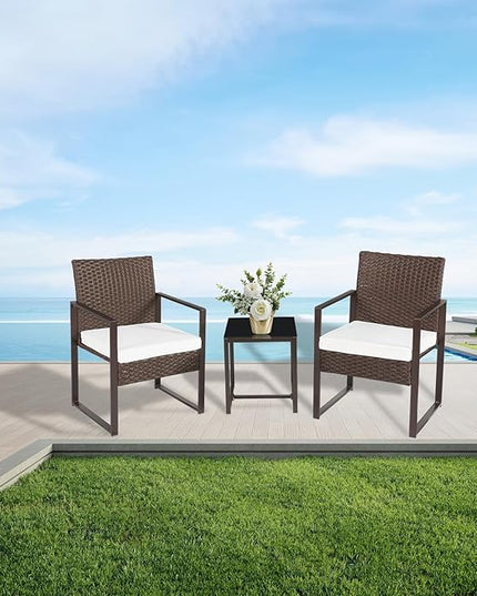 3 Pieces Patio Furniture Set Outdoor Wicker Bistro set Rattan Chair Conversation Sets with Coffee Table for Porch, Balcony,Garden,Backyard and Removable Cushions Beige - LeafyLoom