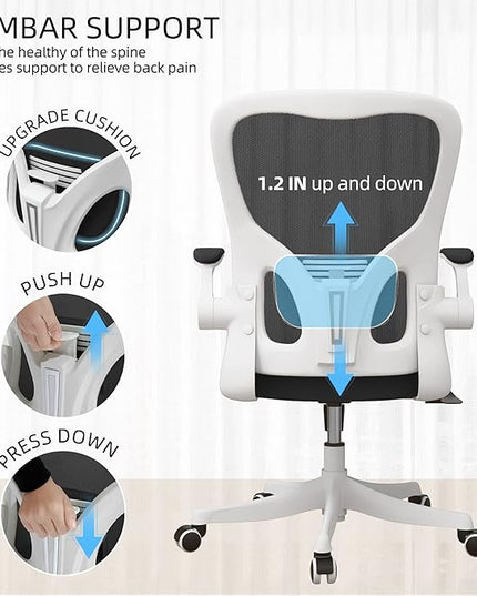 Office Chair - Ergonomic Office Chair with Lumbar Support & Flip Up Arms Home Office Desk Chairs Rockable High Back Swivel Computer Chair White Frame & Black Mesh Study Chair - LeafyLoom
