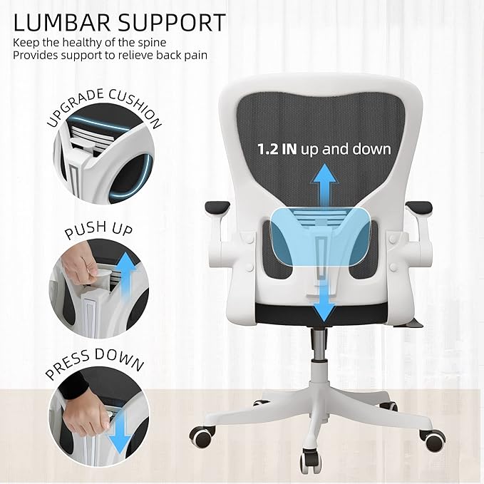 Office Chair - Ergonomic Office Chair with Lumbar Support & Flip Up Arms Home Office Desk Chairs Rockable High Back Swivel Computer Chair White Frame & Black Mesh Study Chair - LeafyLoom