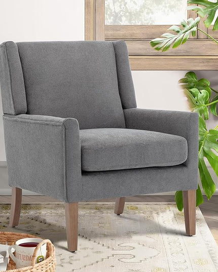 COLAMY Modern Wingback Living Room Chair, Upholstered Fabric Accent Armchair, Single Sofa chair with Lounge Seat and Wood Legs for Bedroom/Office/Reading Spaces, Gery - LeafyLoom