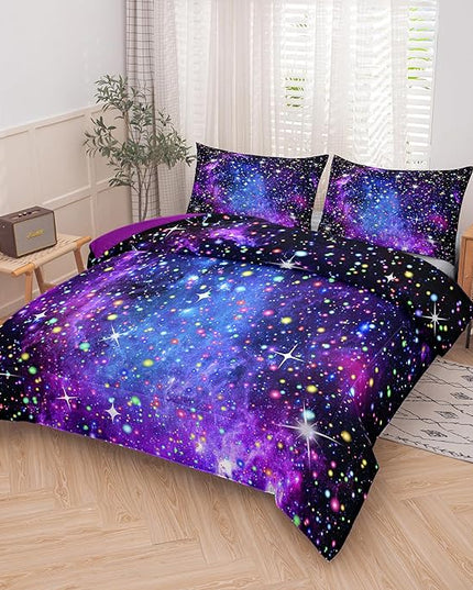 Kids Comforter Sets for Teen Girls, Purple Blue Galaxy Glitter Bedding Set for All Season, Purple Twin Bedding Sets for Kids Boys (Twin, 2 Pieces) - LeafyLoom