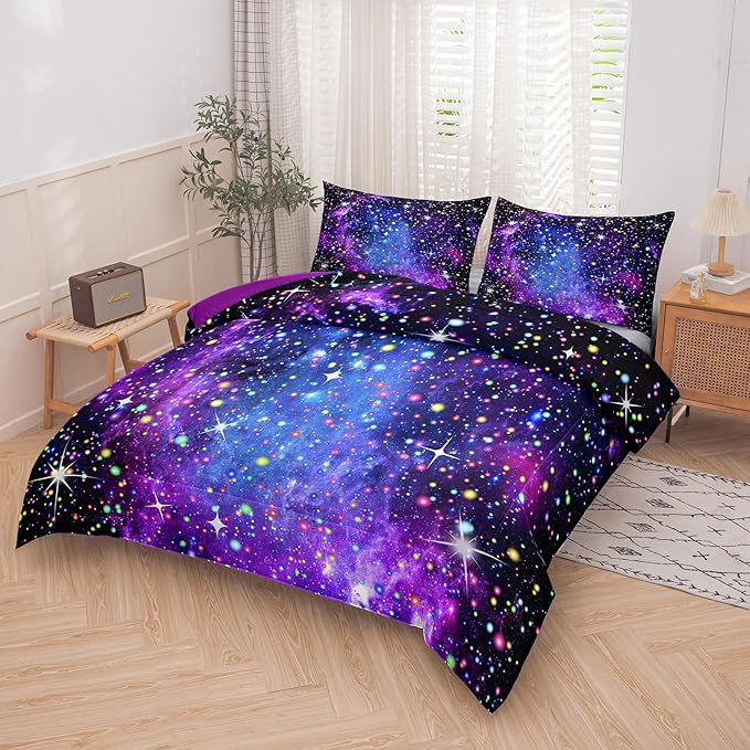 Kids Comforter Sets for Teen Girls, Purple Blue Galaxy Glitter Bedding Set for All Season, Purple Twin Bedding Sets for Kids Boys (Twin, 2 Pieces) - LeafyLoom