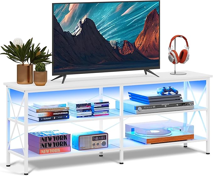 WLIVE TV Stand up to 70 Inch TV, 63" Entertainment Center with LED, TV Media Console with 3-Tier Storage Shelves for Living Room and Bedroom, White - LeafyLoom