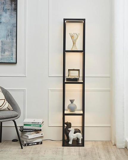 FENLO Fantasy Pro - 66" Glass Dimmable LED Floor Lamp with Shelves for Bedroom, Tempered Glass Display Shelf Lamp for Living Room, Open Display Stand for Business, Long Lasting LED, Unique Home Decor - LeafyLoom