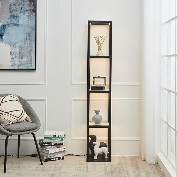 FENLO Fantasy Pro - 66" Glass Dimmable LED Floor Lamp with Shelves for Bedroom, Tempered Glass Display Shelf Lamp for Living Room, Open Display Stand for Business, Long Lasting LED, Unique Home Decor - LeafyLoom
