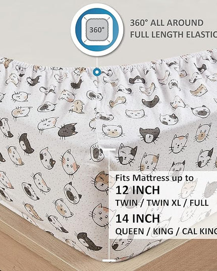 Comfort Spaces Cotton Flannel Breathable Warm Deep Pocket Sheets with Pillow Case Bedding, Twin XL, Grey/Pink Cats 3 Piece - LeafyLoom