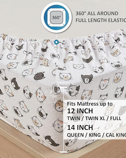 Comfort Spaces Cotton Flannel Breathable Warm, Deep Pocket Sheets with Pillow Case Bedding, Queen, Grey/Pink Cats 4 Piece - LeafyLoom