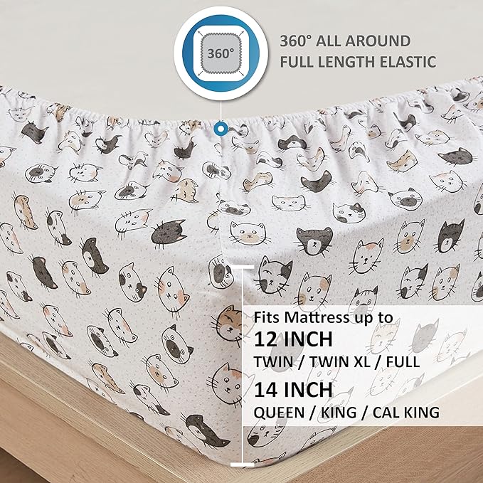 Comfort Spaces Cotton Flannel Breathable Warm, Deep Pocket Sheets with Pillow Case Bedding, Queen, Grey/Pink Cats 4 Piece - LeafyLoom