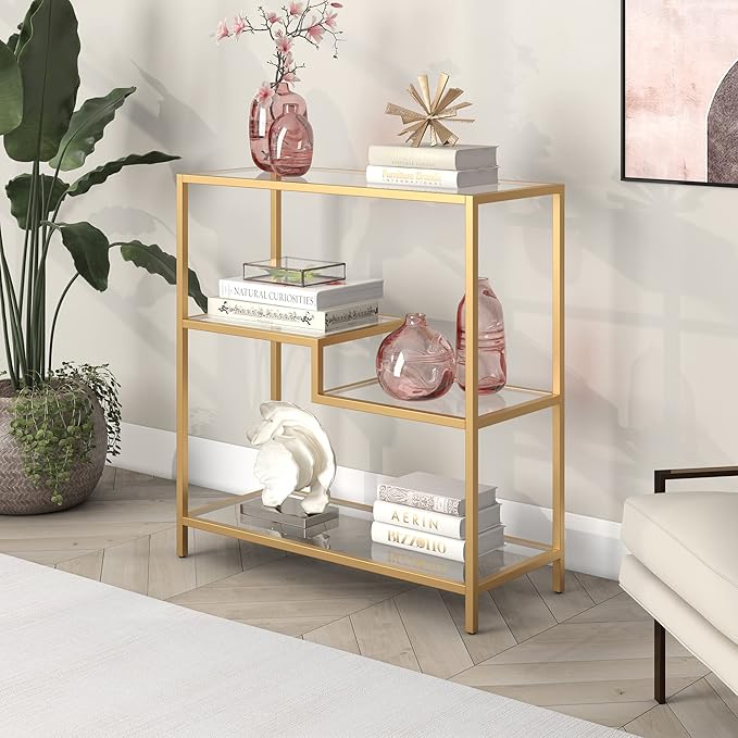 Henn&Hart 36" Tall Rectangular Bookcase in Gold, for Home Office, Living Room - LeafyLoom