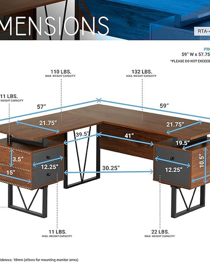 Techni Mobili Reversible Modern Versatile L Shaped Drawers and File Cabinet Home Office Desk, 59" W x 57.3" D x 30" H, Brown, Grey - LeafyLoom