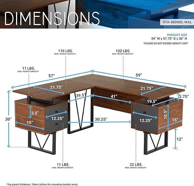 Techni Mobili Reversible Modern Versatile L Shaped Drawers and File Cabinet Home Office Desk, 59" W x 57.3" D x 30" H, Brown, Grey - LeafyLoom