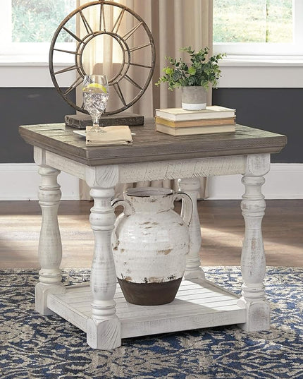 Signature Design by Ashley Havalance Farmhouse Lift Top Coffee Table, Gray & White with Weathered Finish & Havalance Farmhouse Square End Table - LeafyLoom