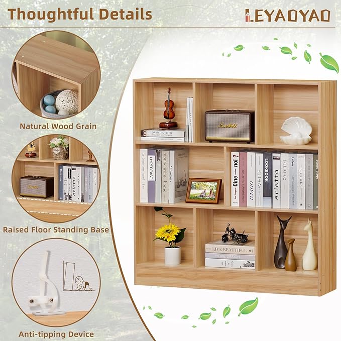 LEYAOYAO 8 Cube Bookshelf with Base,3 Tier Mid-Century Modern Natural Bookcase,Standing Wide Bookshelves Storage Organizer Shelf,Rustic Wood Display Cabinet Book Shelves for Bedroom,Living Room,Office - LeafyLoom