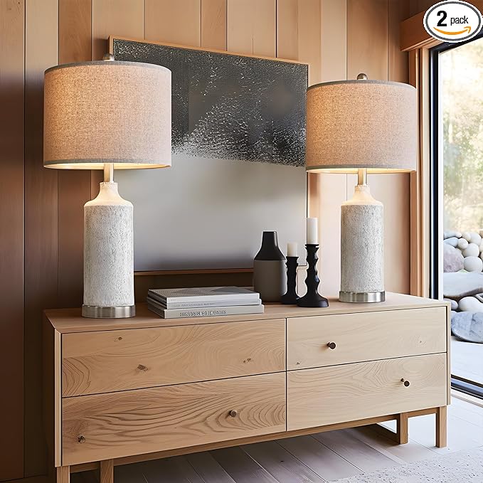 OYEARS 24” Table Lamp Set of 2, Bedside Table Lamps for Living Room, Farmhouse Lamp for Bedroom, Vintage Table Lamp for Nightstand, Boho Lamp for Room Decor, End Tables, Rustic, Resin, Beige - LeafyLoom