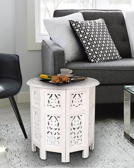 Round Side Table,Small Table, Round End Table,Side Table, Side Tables Living Room,End Table,Altar Table, Carved Side Table,Wood Accent Table,Carved Wood Table 18" Round Top x 18" High White Antique - LeafyLoom