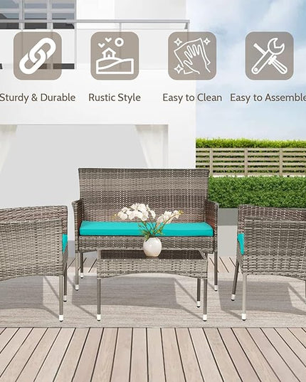 FDW Patio Conversation Set 4 Pieces Outdoor Furniture Set Wicker with Rattan Chair Loveseats Coffee Table for Outdoor Indoor Garden Backyard Porch Poolside Balcony,Gray Wicker/Blue Cushions - LeafyLoom