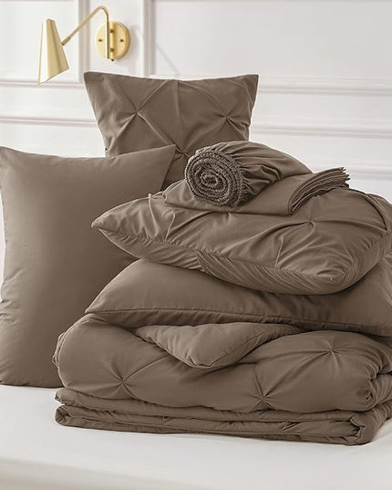 Bedsure Twin XL Comforter Set - Extra Long 5 Pieces Dorm Room Essentials, Pinch Pleat Brown Bed in a Bag with Comforter, Sheets, Pillowcase & Sham, Kids Bedding Set - LeafyLoom