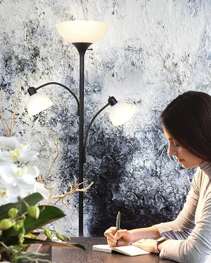 Brightech Sky Dome Double LED Floor lamp, Torchiere Super Bright Floor Lamp with 2 Reading Lamps for Living Rooms & Offices - Dimmable Tall Standing Lamp for Bedroom Reading - Tall Black Pole - LeafyLoom