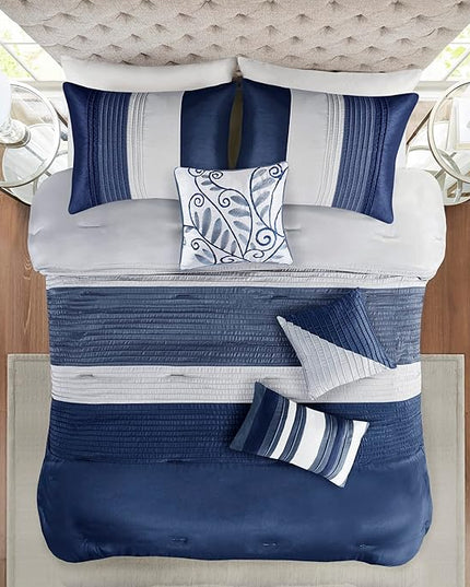 Madison Park Amherst Faux Silk Comforter Set-Casual Contemporary Design All Season Down Alternative Bedding, Matching Shams, Bedskirt, Decorative Pillows, King(104"x92"), Navy, 7 Piece (MP10-2208) - LeafyLoom