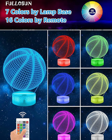 FULLOSUN Basketball Gift, Kids Basketball Night Light (with Remote Control), 3D Illumination Lights Boys Gift 16 Colors Changeable Kids Room Lighting Creative Decoration... (Basketball) - LeafyLoom