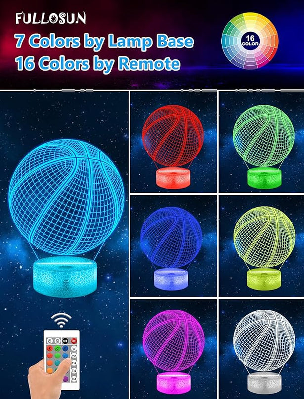 FULLOSUN Basketball Gift, Kids Basketball Night Light (with Remote Control), 3D Illumination Lights Boys Gift 16 Colors Changeable Kids Room Lighting Creative Decoration... (Basketball) - LeafyLoom