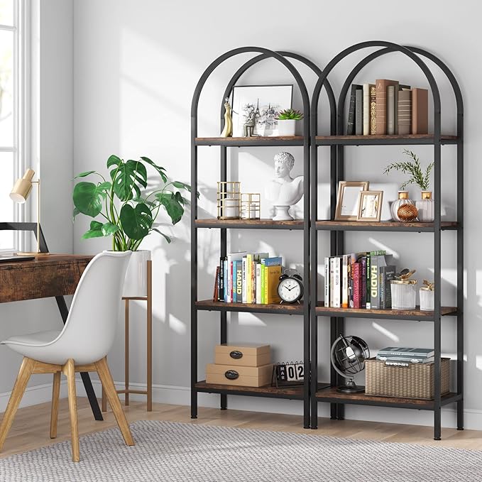 Tribesigns 4-Tier Open Bookshelf, 70.8" Industrial Arched Bookcase Storage Shelves with Metal Frame, Freestanding Display Rack Tall Shelving Unit for Office, Bedroom (Rustic Brown, 1PC) - LeafyLoom