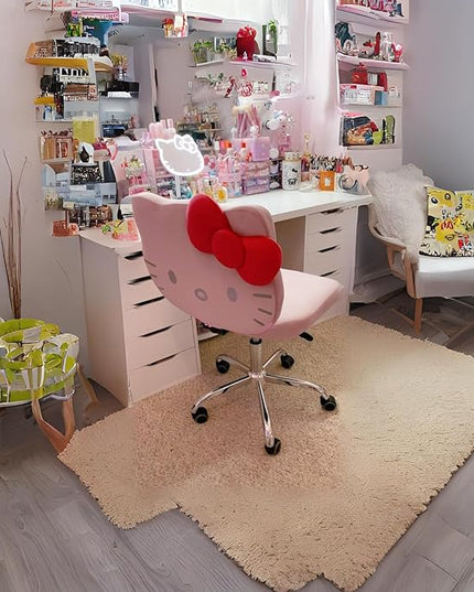 Impressions Vanity Hello Kitty Kawaii Swivel Vanity Chair for Makeup Room, Adjustable Height Cute Desk Chair with Wheels Rolling, Comfy Polyurethane Foam Back Armless Chair for Dorm (Pink) - LeafyLoom