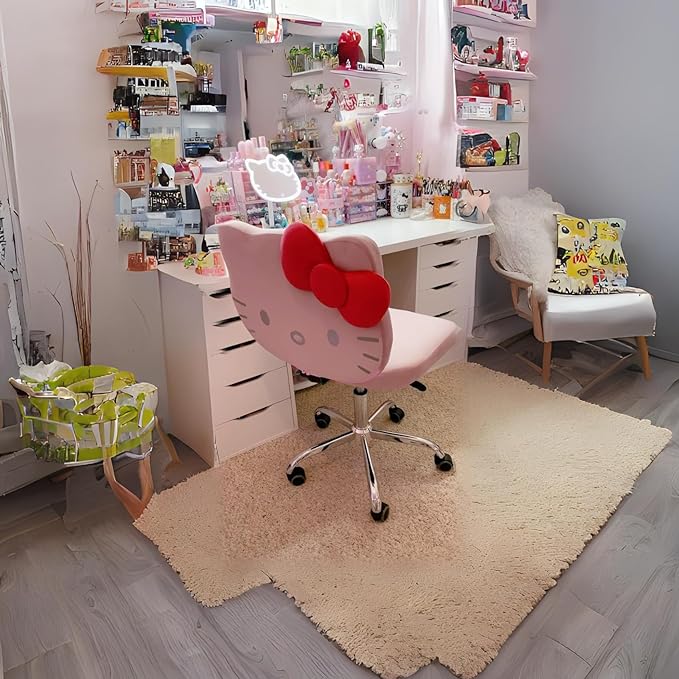 Impressions Vanity Hello Kitty Kawaii Swivel Vanity Chair for Makeup Room, Adjustable Height Cute Desk Chair with Wheels Rolling, Comfy Polyurethane Foam Back Armless Chair for Dorm (Pink) - LeafyLoom